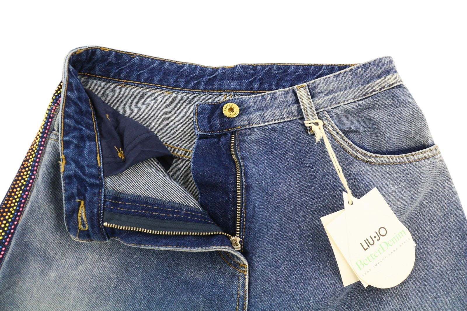LIU JO Cropped Women Jeans W28 High Waist Flared Leg Zip Fly Washed Blue Denim