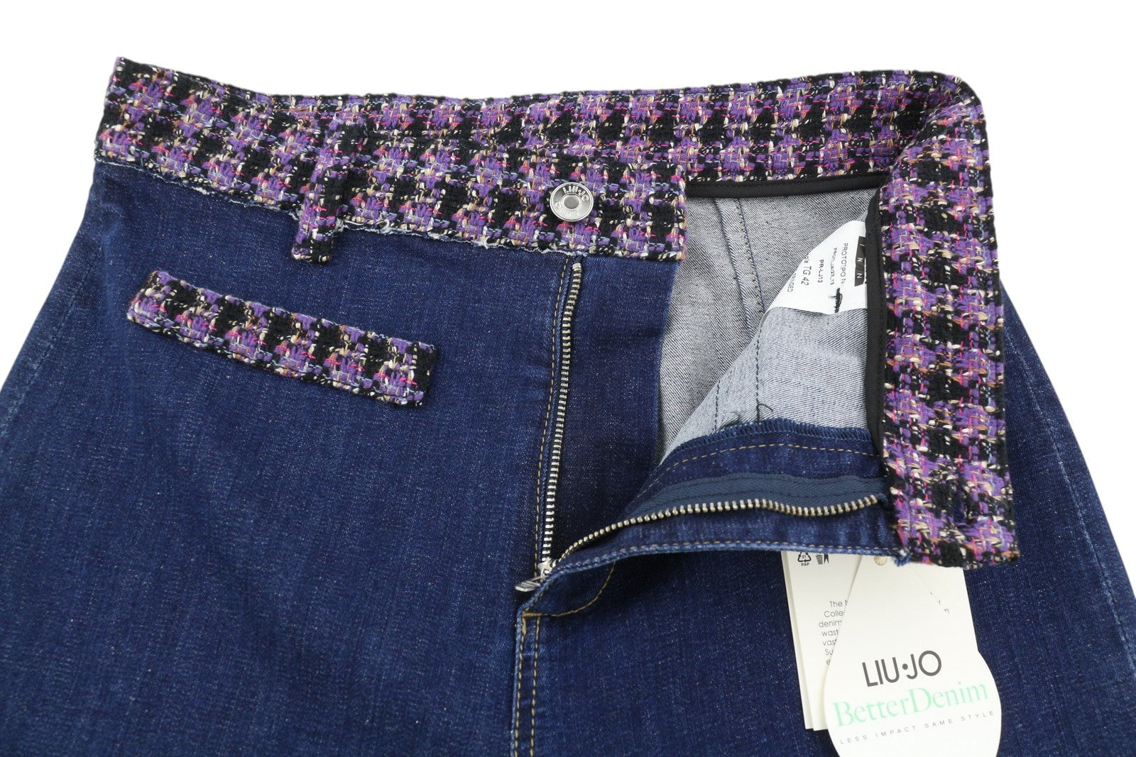 LIU JO Fringed Women Jeans 42 High Waist Flared Leg Zip Fly Denim Blue Logo