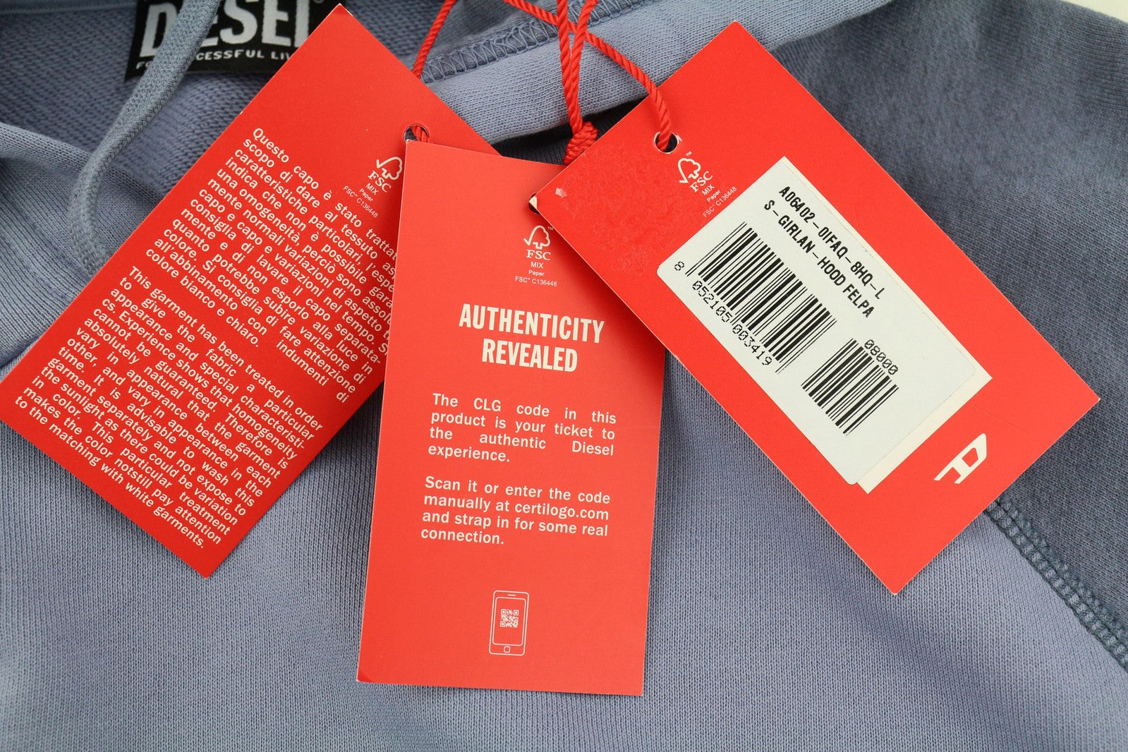 DIESEL S-Girlan-Hood Men Hoodie L Blue Pullover Kangaroo Pocket Hooded Logo