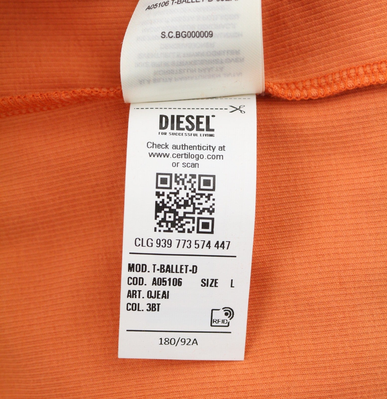 DIESEL T-Ballet-D Women T-Shirt L Orange Long Sleeve Round Neck Stretch RRP€100