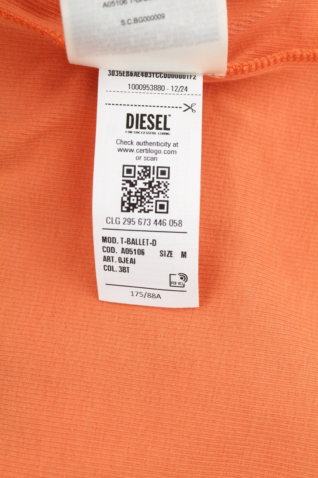 DIESEL T-Ballet-D Women T-Shirt M Orange Long Sleeve Round Neck Stretchy