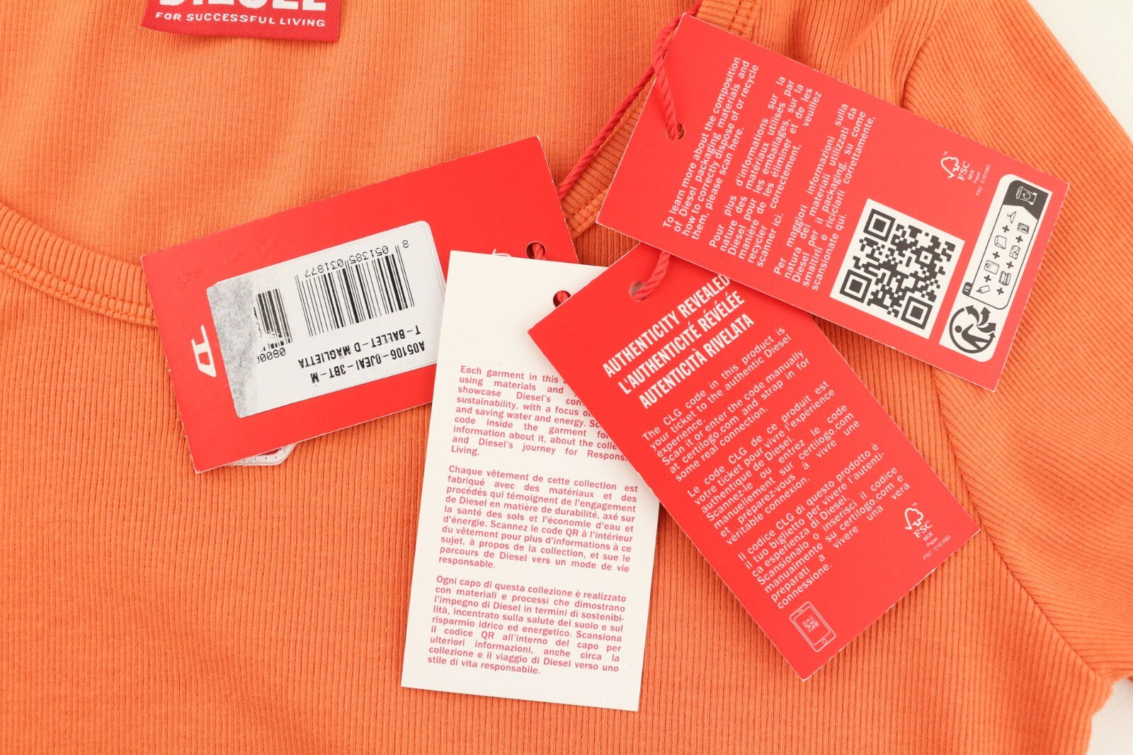 DIESEL T-Ballet-D Women T-Shirt M Orange Long Sleeve Round Neck Stretchy