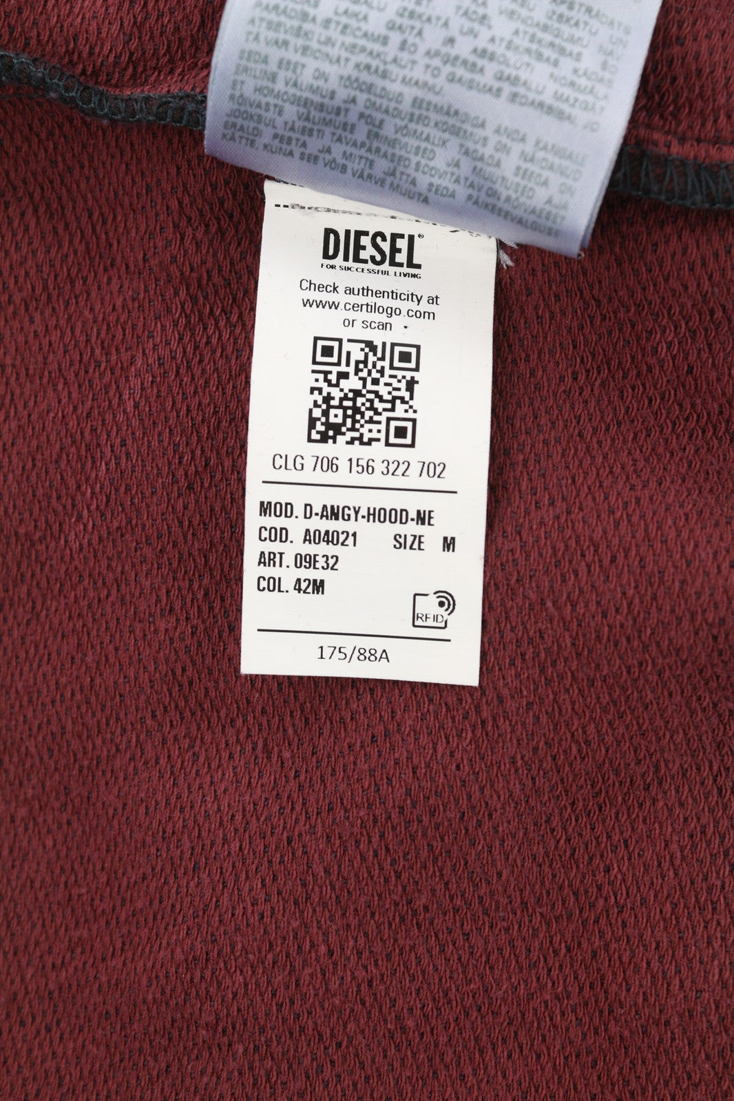 DIESEL D-Angy-Hood-Ne Women Hoodie M Burgundy Washed Kangaroo Pocket RRP€299