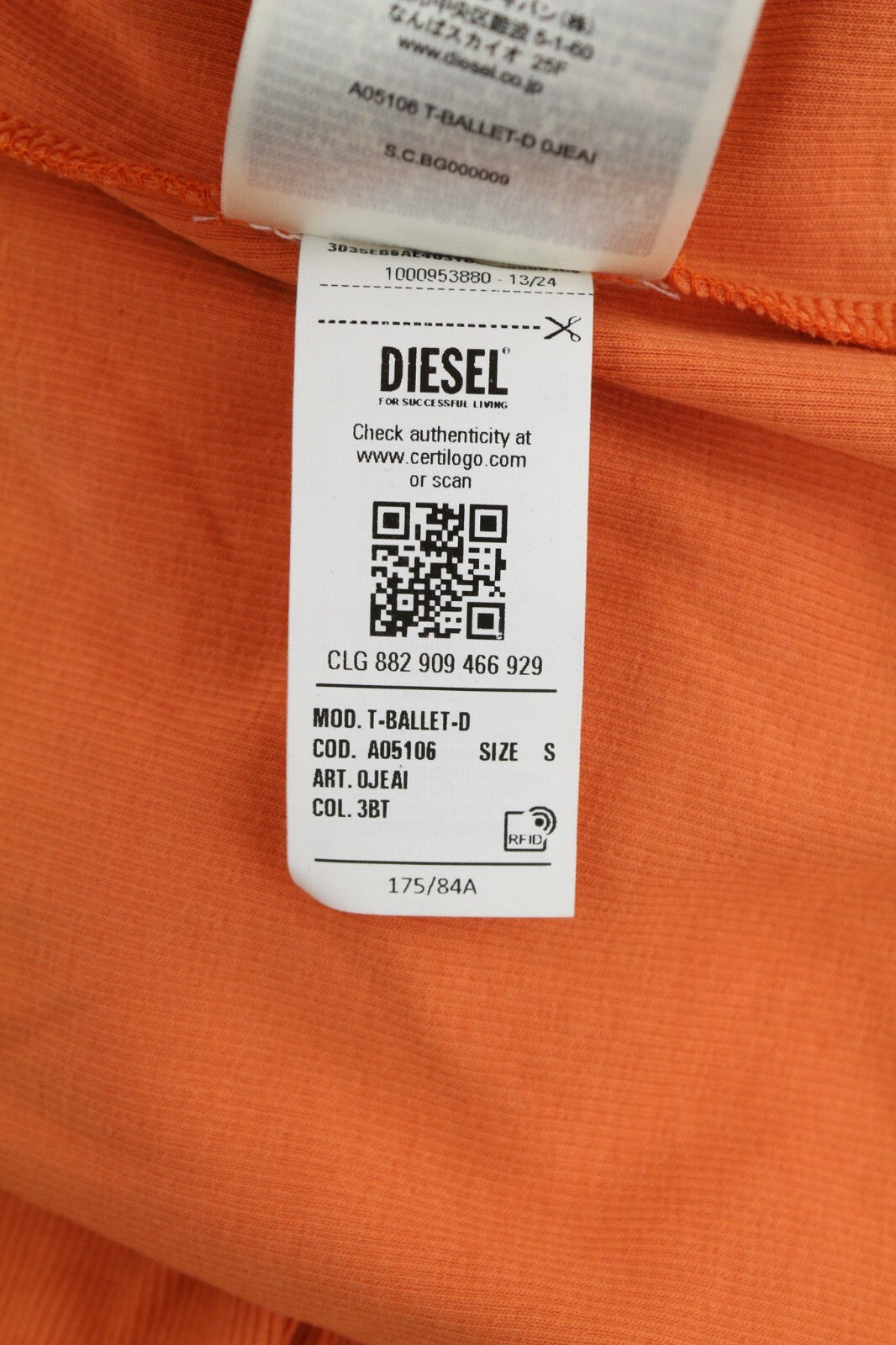 DIESEL T-Ballet-D Women T-Shirt S Orange Long Sleeve Round Neck Stretch RRP€100