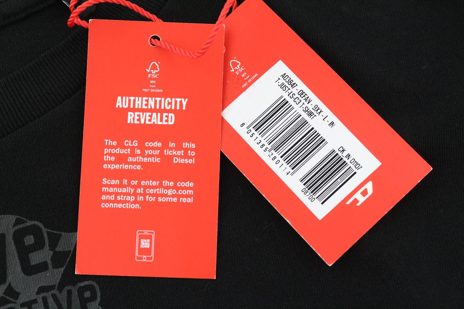 DIESEL T-Just-LS-C3 Men Sweatshirt L Black Pullover Crew Neck Long Sleeve Logo