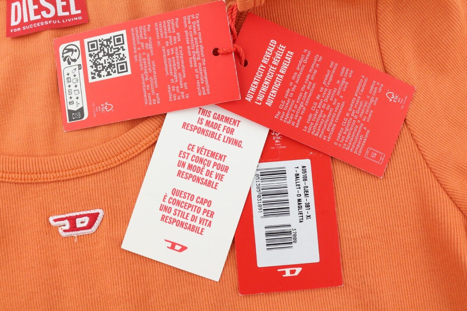 DIESEL T-Ballet-D Women T-Shirt XL Orange Long Sleeve Round Neck Stretch RRP€100