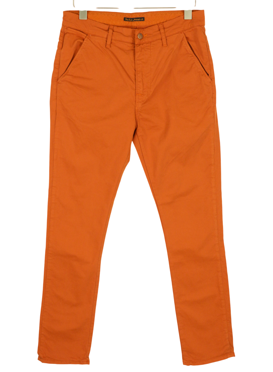 NUDIE Khaki Slim Men Trousers W31/L32 Organic Warm Orange Zip Fly Logo Chino