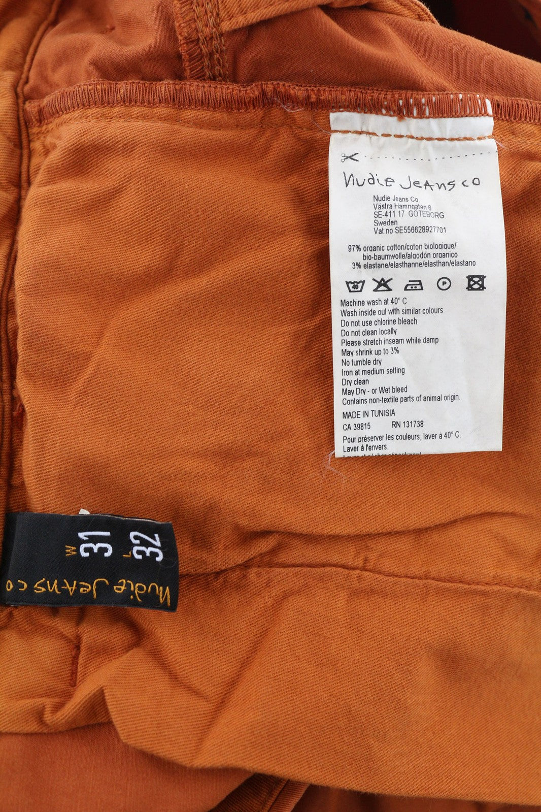 NUDIE Khaki Slim Men Trousers W31/L32 Organic Warm Orange Zip Fly Logo Chino