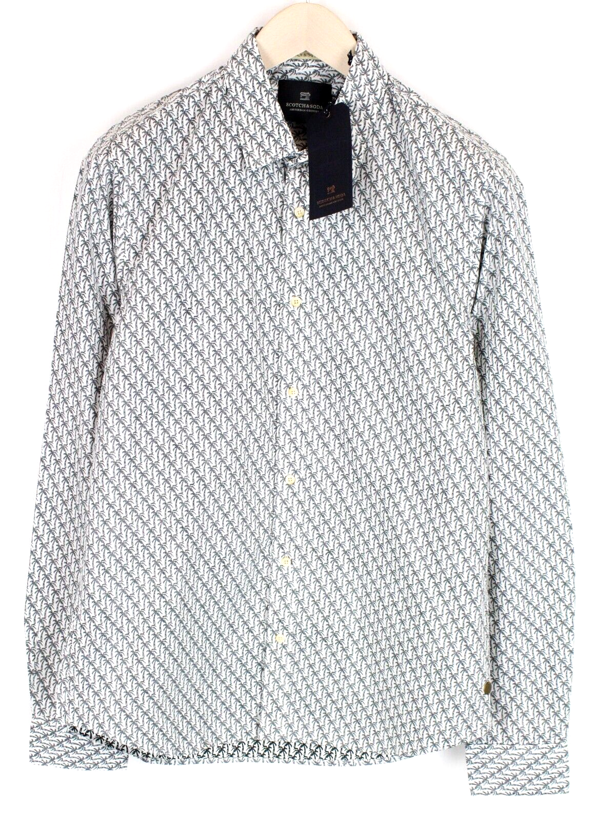 Scotch & Soda Mens Shirt M Grey Palm Print Long Sleeve  Cotton