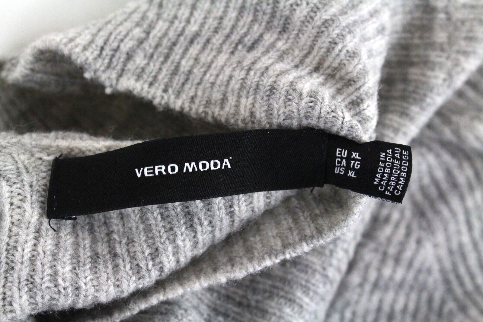 Vero Moda Womens Sweater XL Grey Melange High Neck Long Back Tight-Knitted