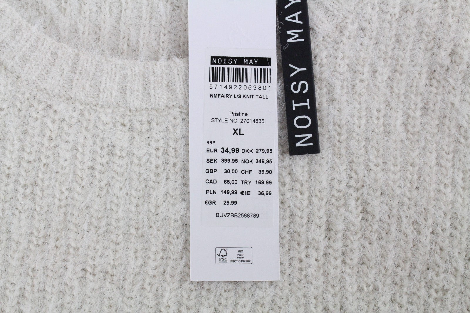 Noisy May Womens Jumper XL Fairy Off-White Tall Tight-Knitted Crew Neck