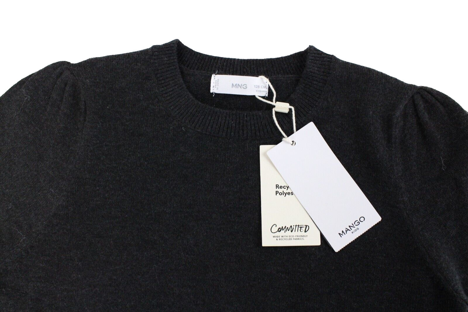 Mango Kids Girls Jumper 8Y Dark Grey Knit Sweater Ruffled Shoulder Design