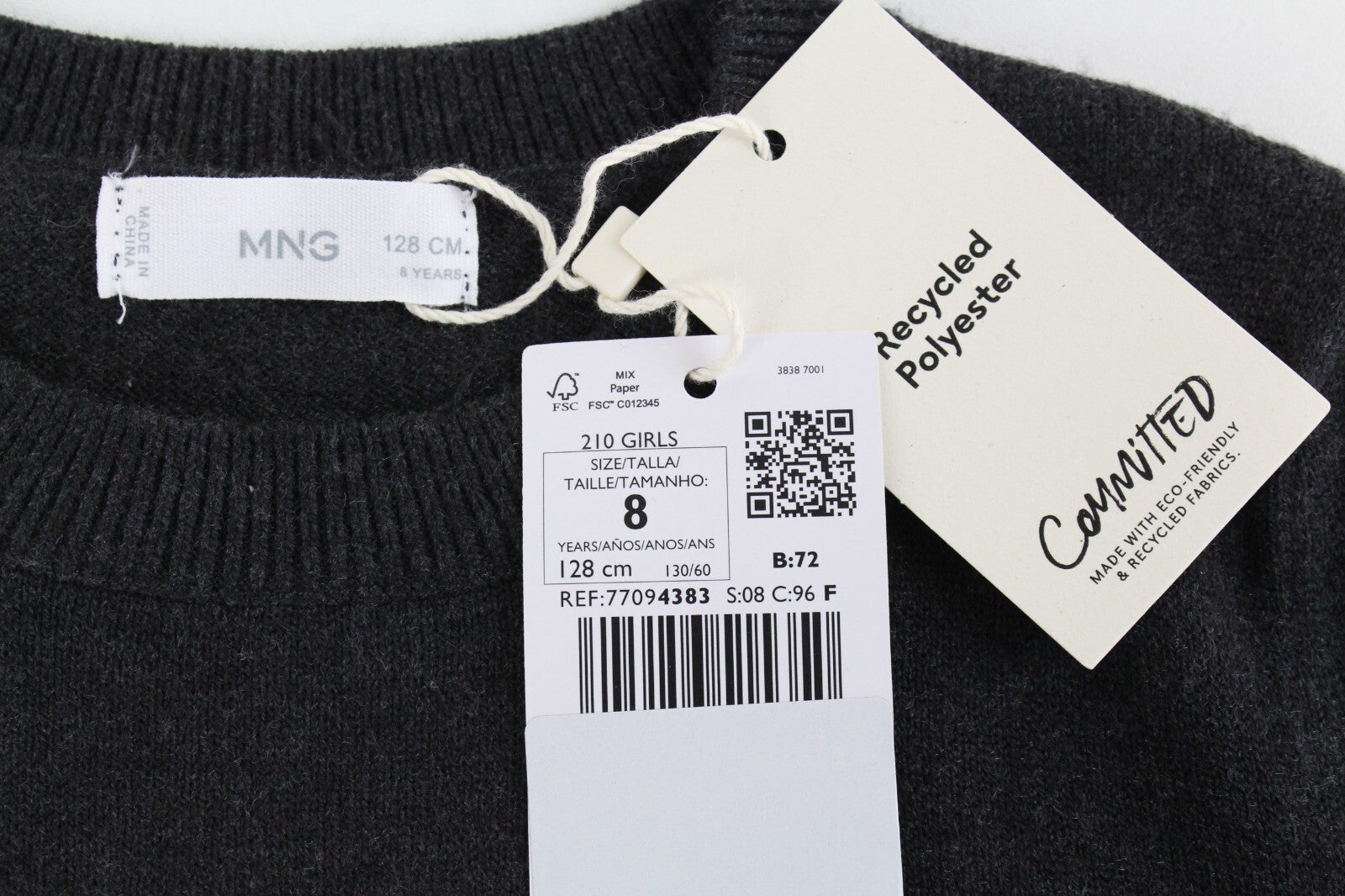 Mango Kids Girls Jumper 8Y Dark Grey Knit Sweater Ruffled Shoulder Design