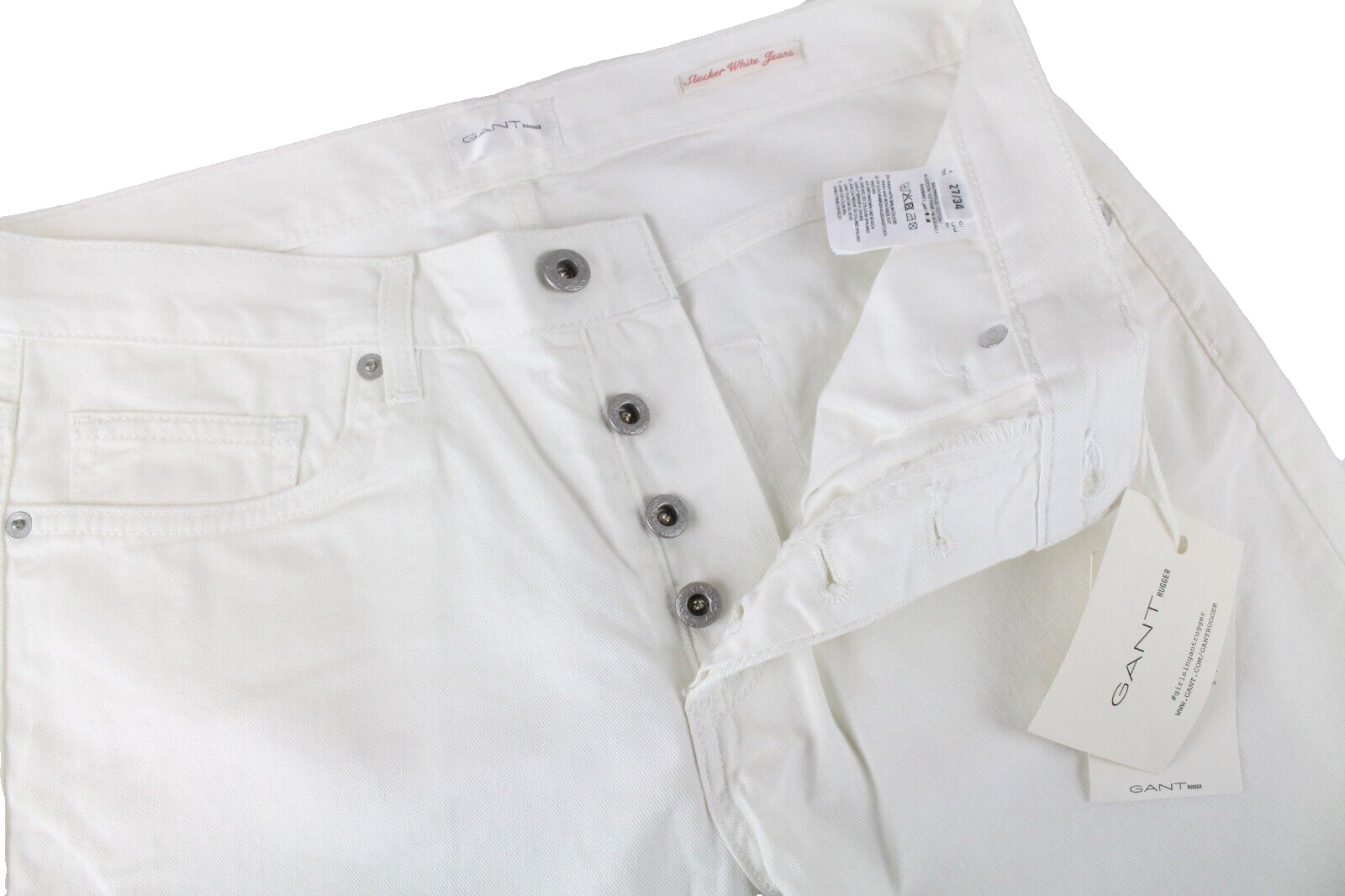 Gant Rugger Mens Jeans W27/L34 Button-Fly Straight Off-White Distressed