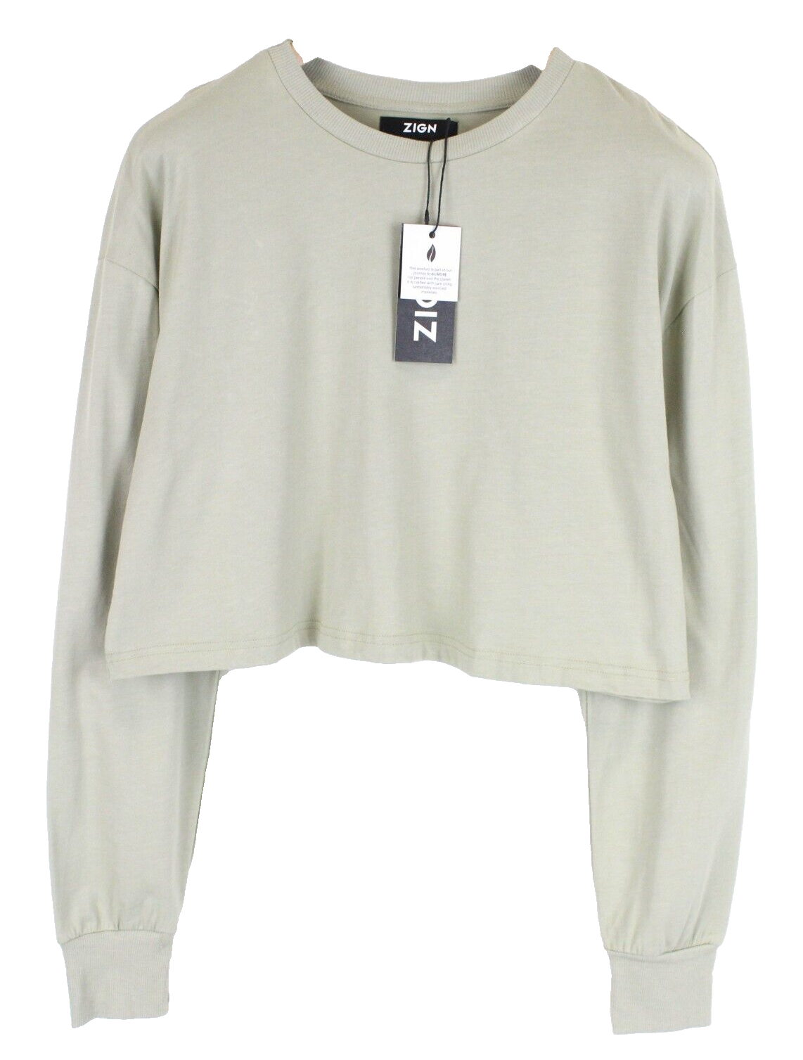 Zign Womens Cropped Sweatshirt L Light Green Long Sleeve Cotton Pullover