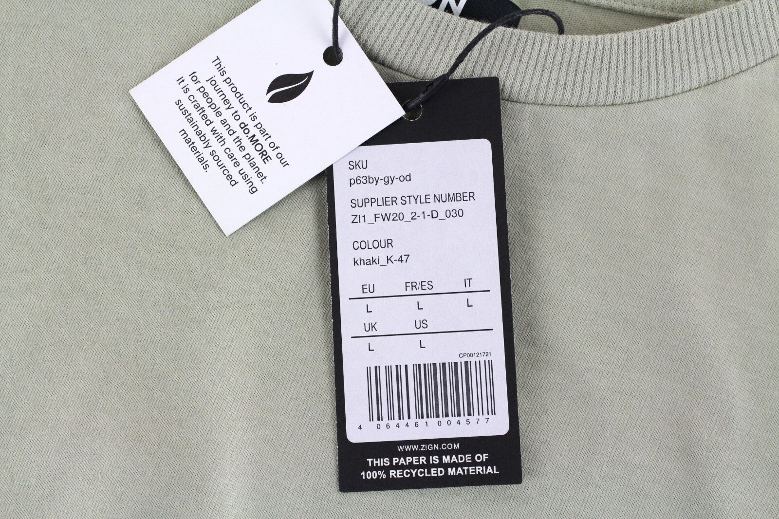 Zign Womens Cropped Sweatshirt L Light Green Long Sleeve Cotton Pullover