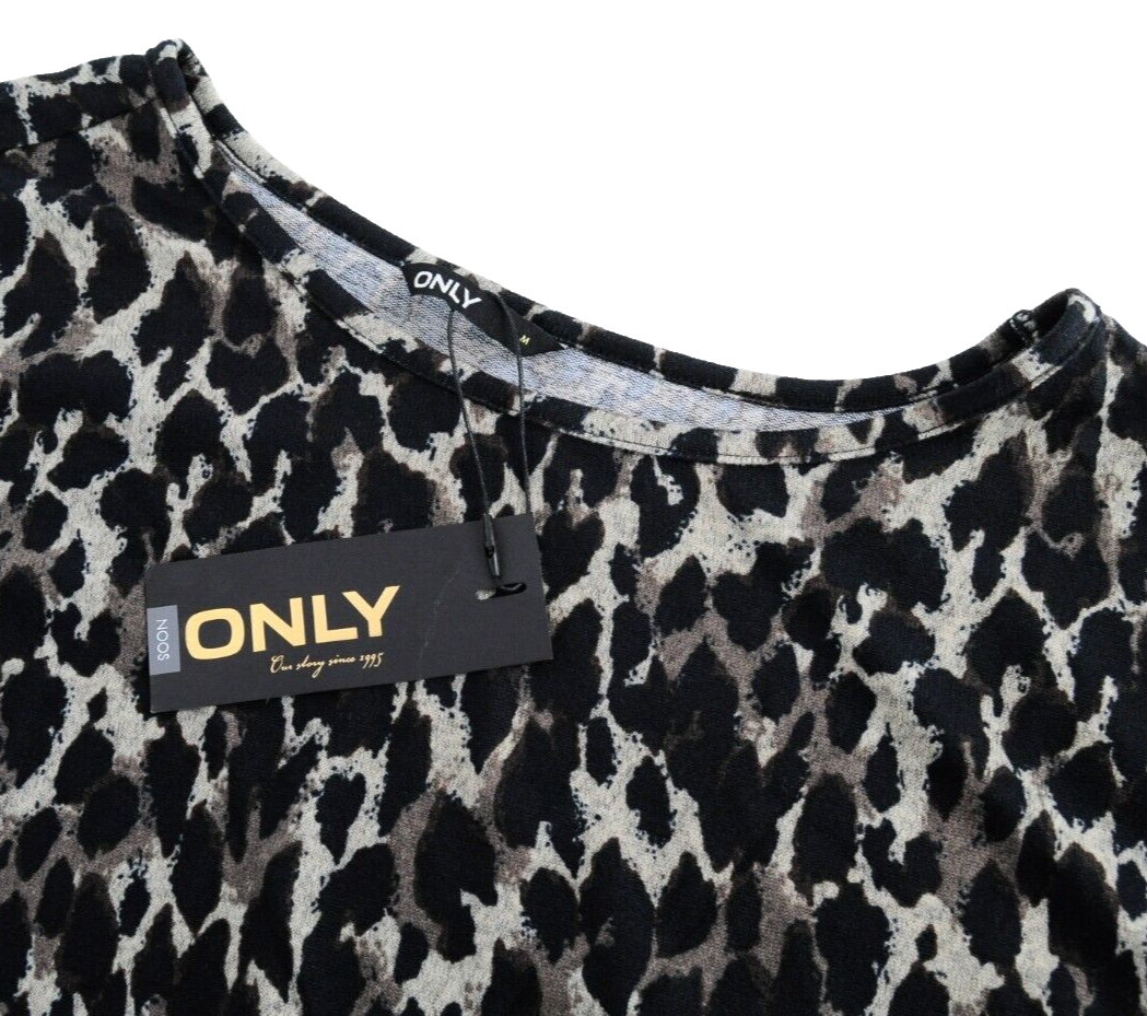 Only Womens T-Shirt M Black Brown Stretch Pullover Round Neck Animal Print