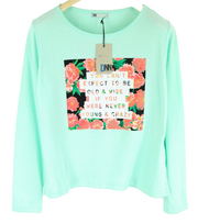 DNN  Womens Pullover S Mint Blue Long Sleeve Cotton  Slogan Design