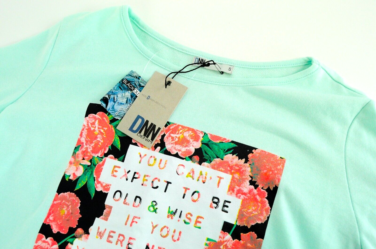 DNN  Womens Pullover S Mint Blue Long Sleeve Cotton  Slogan Design