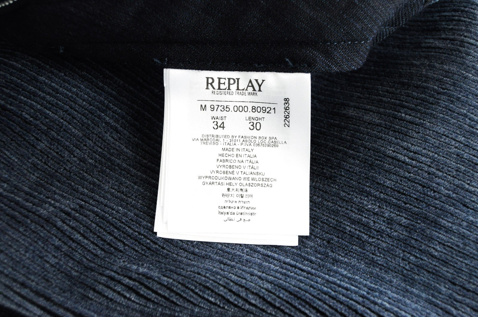 REPLAY Trousers Mens W34/L30 Blue Cotton Stretch Corduroy Regular