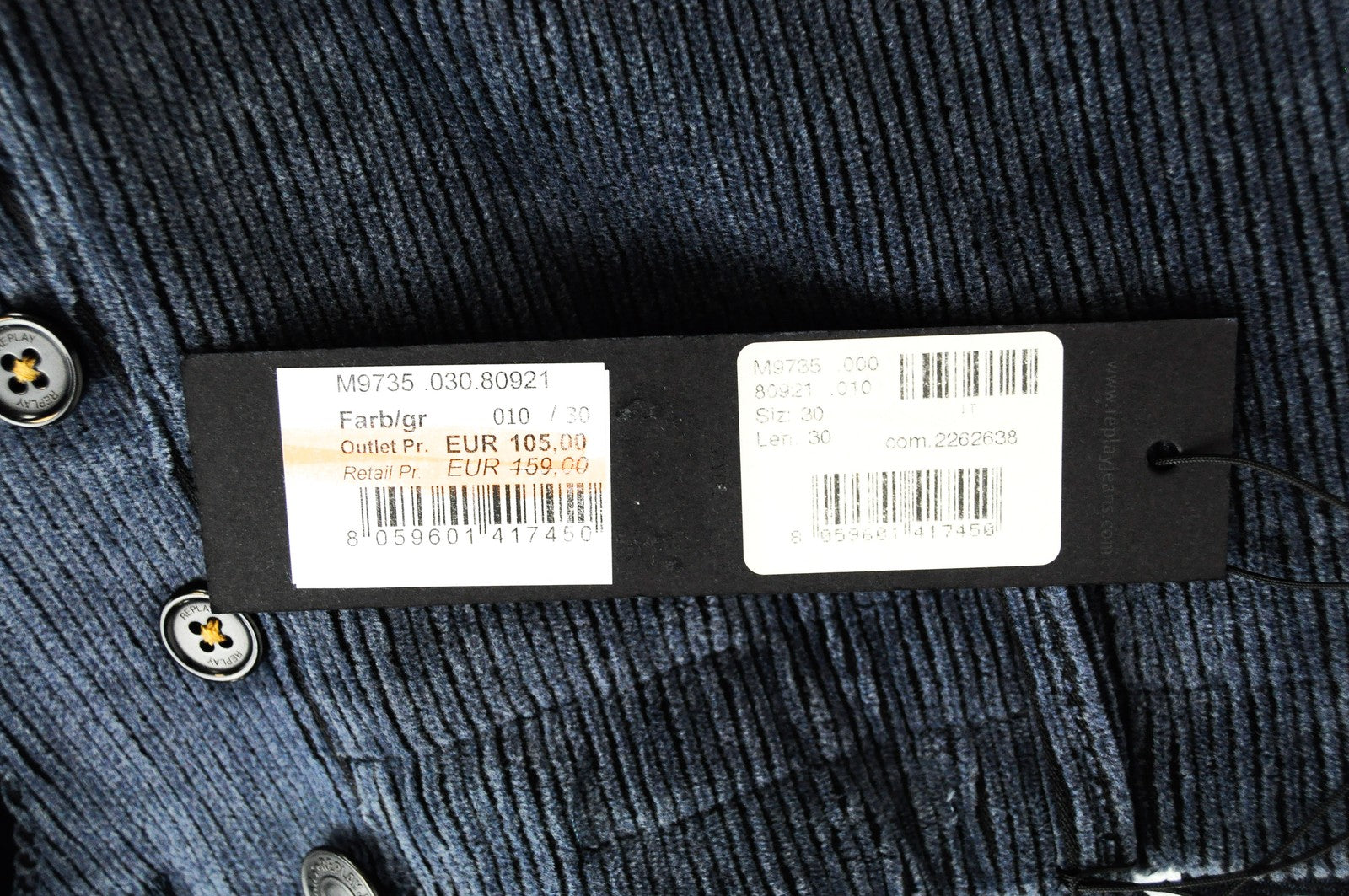 REPLAY W30 L30 Blue Corduroy Trousers Mens Cotton  Regular Stretch