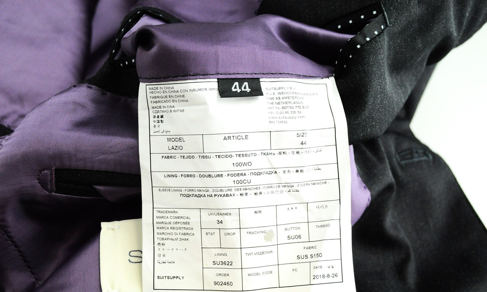 SUITSUPPLY Lazio Suit Mens UK34 Grey 2 Pc Classic Super 150's  Wool