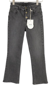 LIU JO Up Fly Women Jeans W28 Bootcut Fit Washed Denim Grey Button Fly Logo