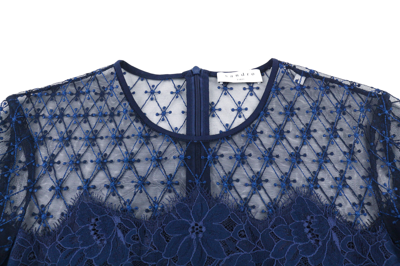 SANDRO Women Dress 40 Navy Blue Long Sleeved Lined Laced Back Zipped Mini