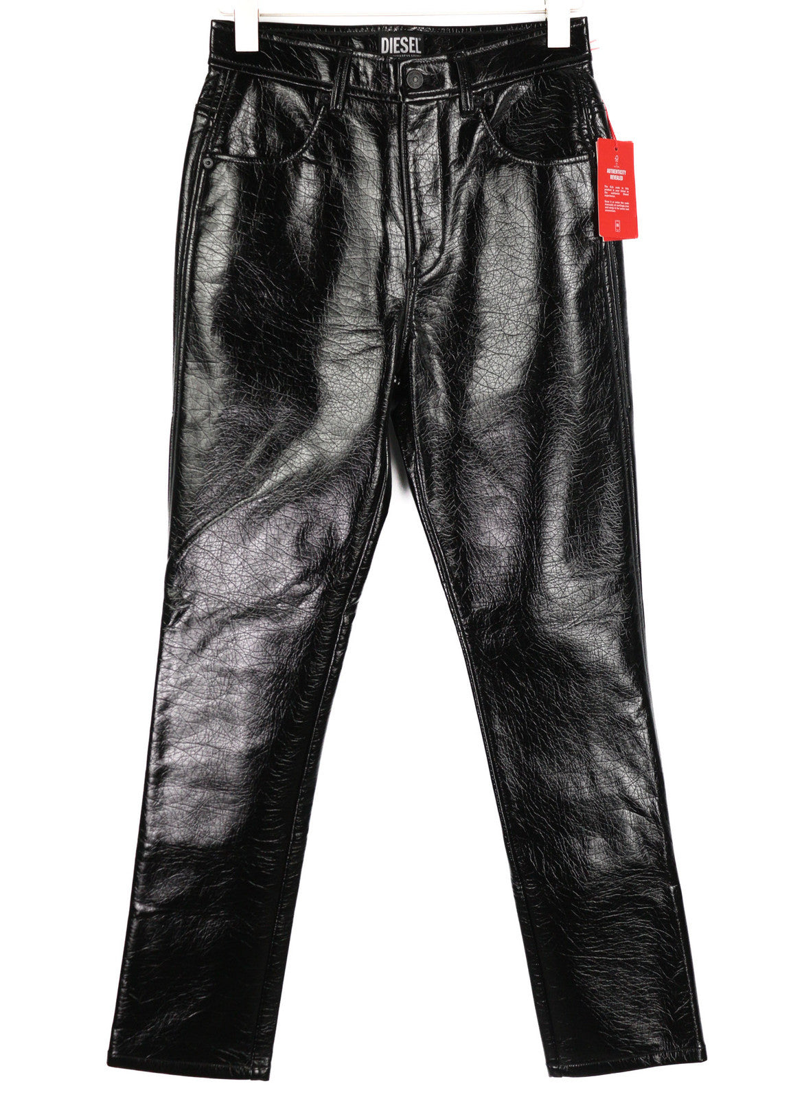 DIESEL P-Arcy Women Trousers W27 Black Coated Slim Fit Shiny Effect Zip RRP€225