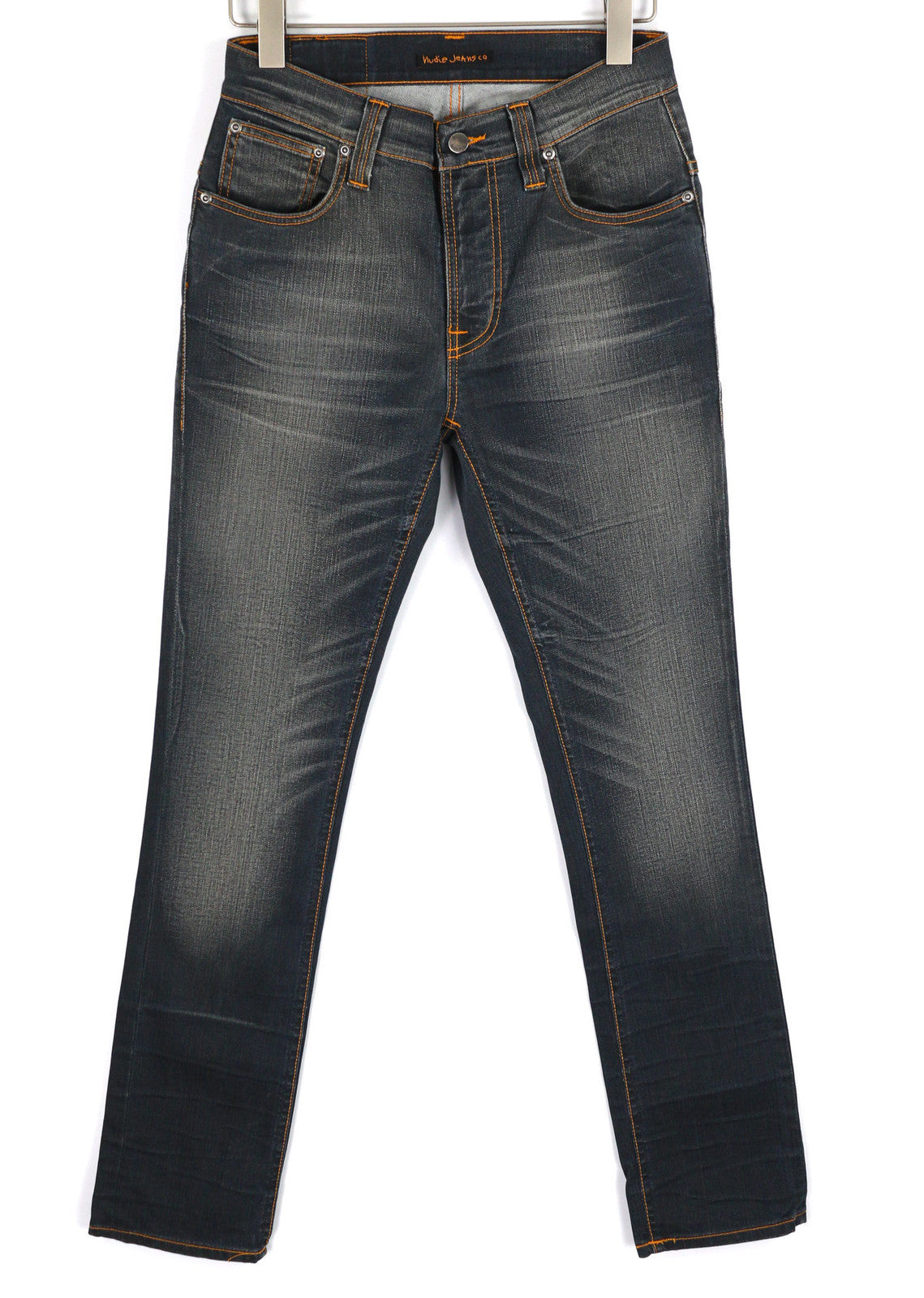 NUDIE JEANS Thin Finn Men Jeans W30/L32 Grey Authent Zip Washed Dark Logo