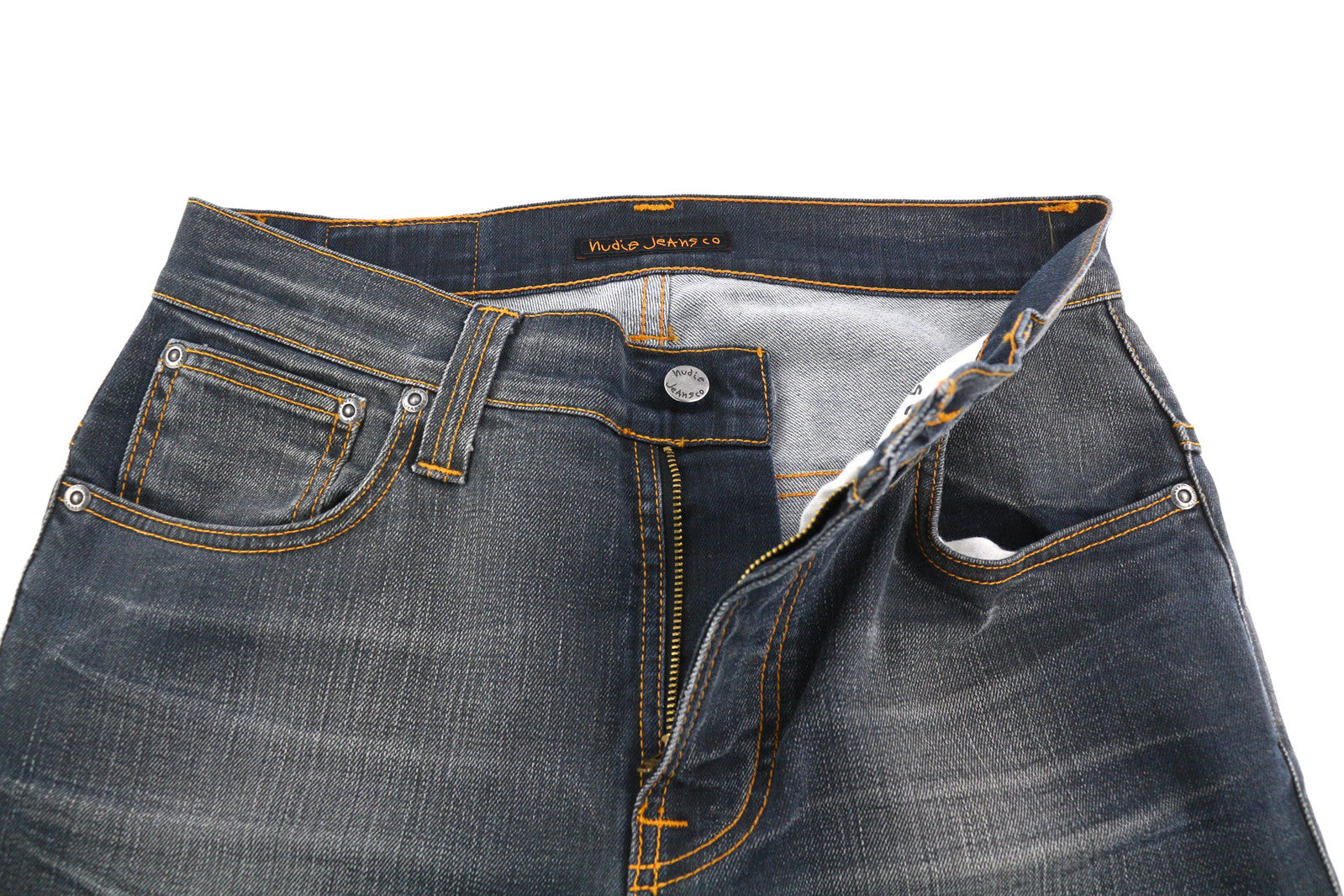 NUDIE JEANS Thin Finn Men Jeans W30/L32 Grey Authent Zip Washed Dark Logo