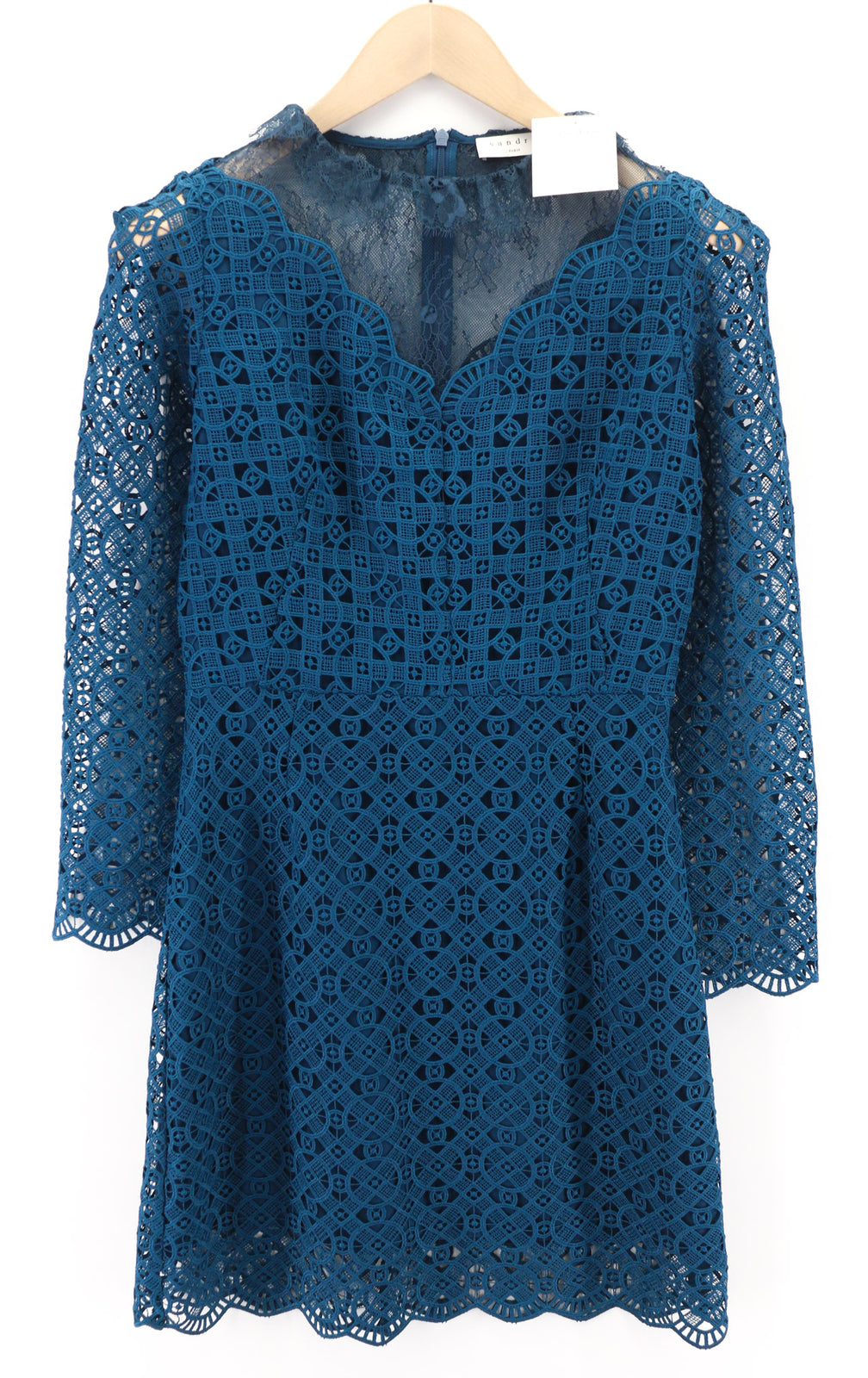SANDRO Women Dress 38 Blue Long Sleeved Laced Pleated Lined Mini