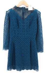 SANDRO Women Dress 38 Blue Long Sleeved Laced Pleated Lined Mini