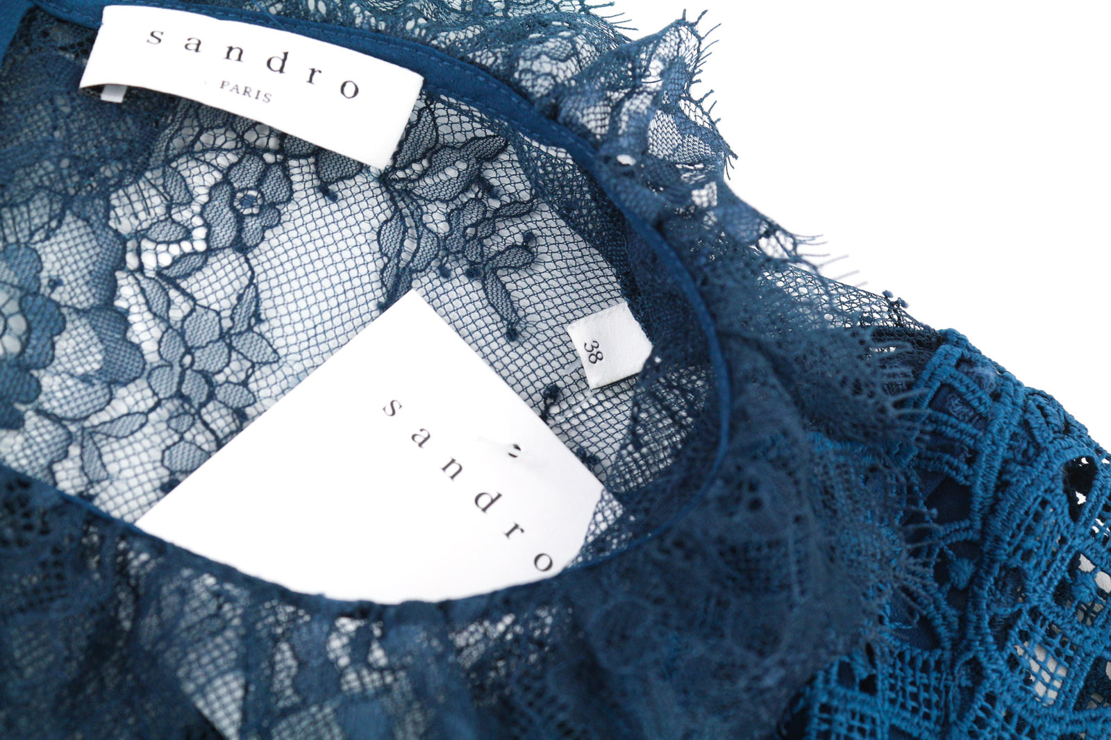 SANDRO Women Dress 38 Blue Long Sleeved Laced Pleated Lined Mini