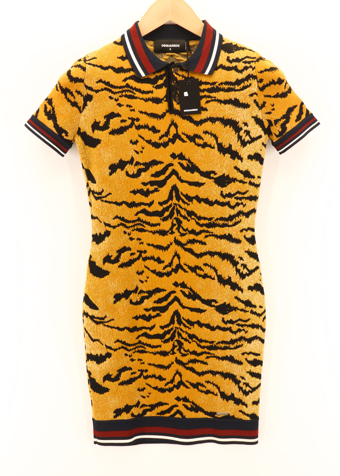 DSQUARED2 Women Dress S Yellow Brown Animal Print Short Sleeved Collared Mini