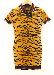 DSQUARED2 Women Dress S Yellow Brown Animal Print Short Sleeved Collared Mini