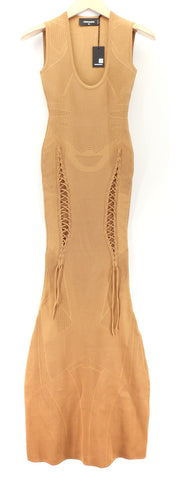 DSQUARED2 Women Dress XS Tan Brown Sleeveless Side-Tie Long Maxi Bodycon