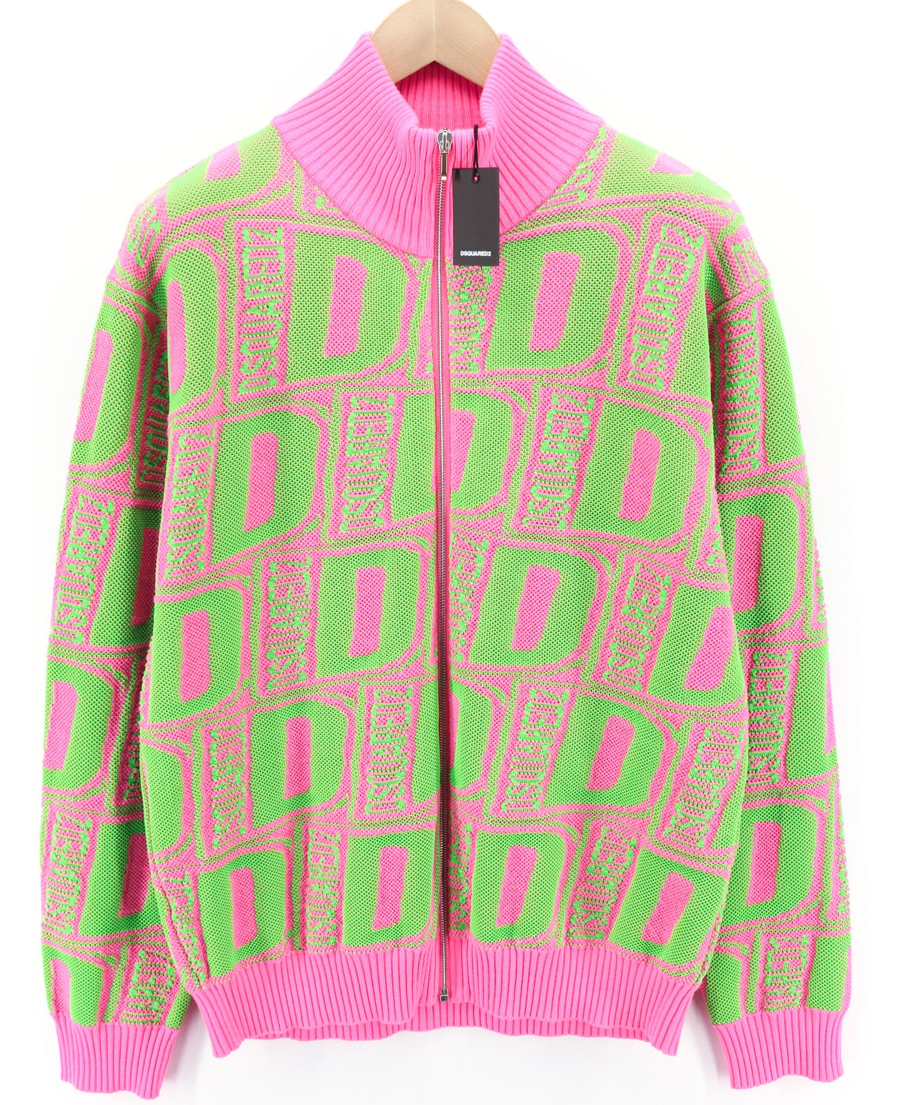 DSQUARED2 Women Jumper M Pink Green Zip-Up Patterned Knitted Wool Blend