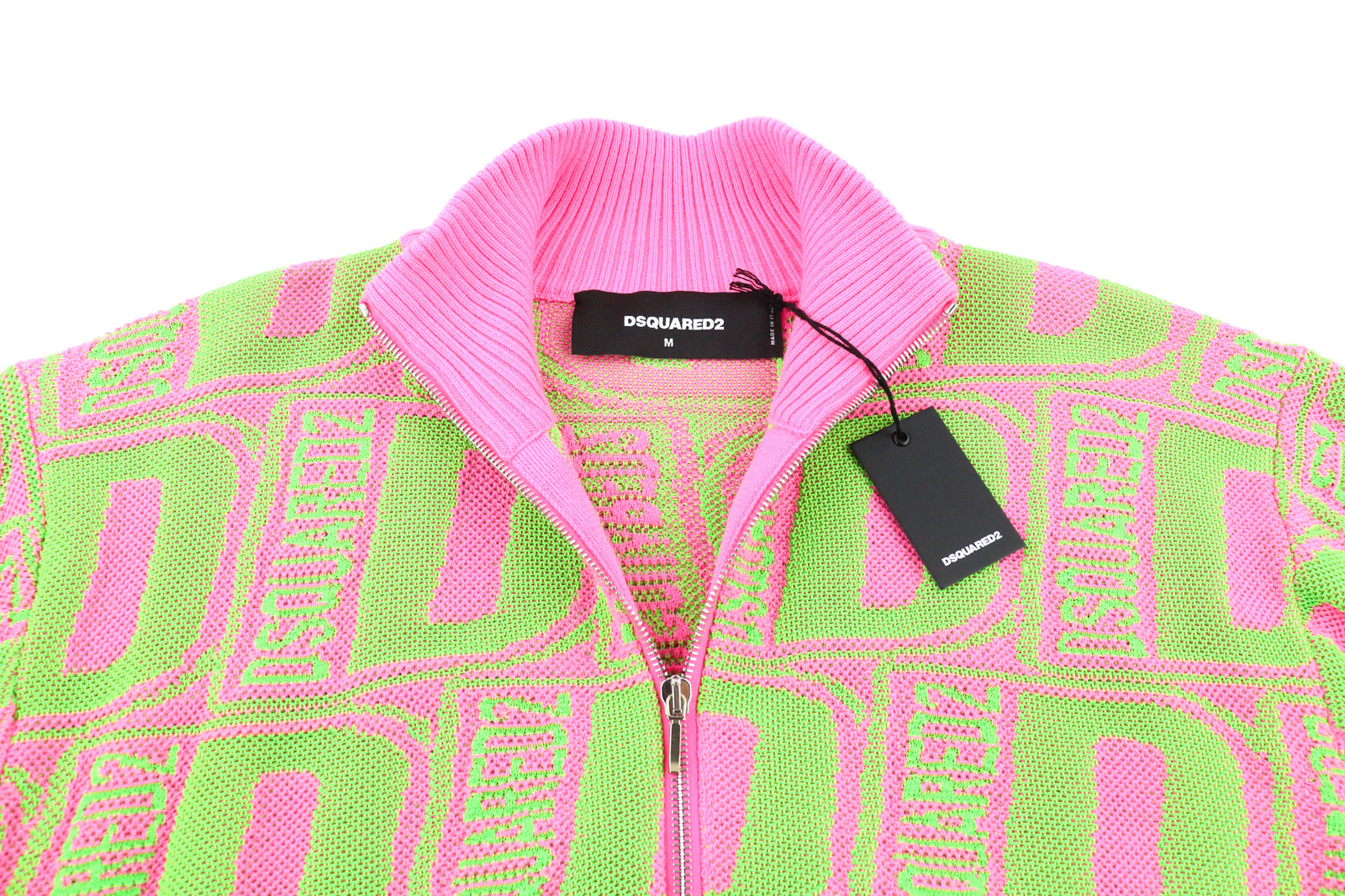 DSQUARED2 Women Jumper M Pink Green Zip-Up Patterned Knitted Wool Blend