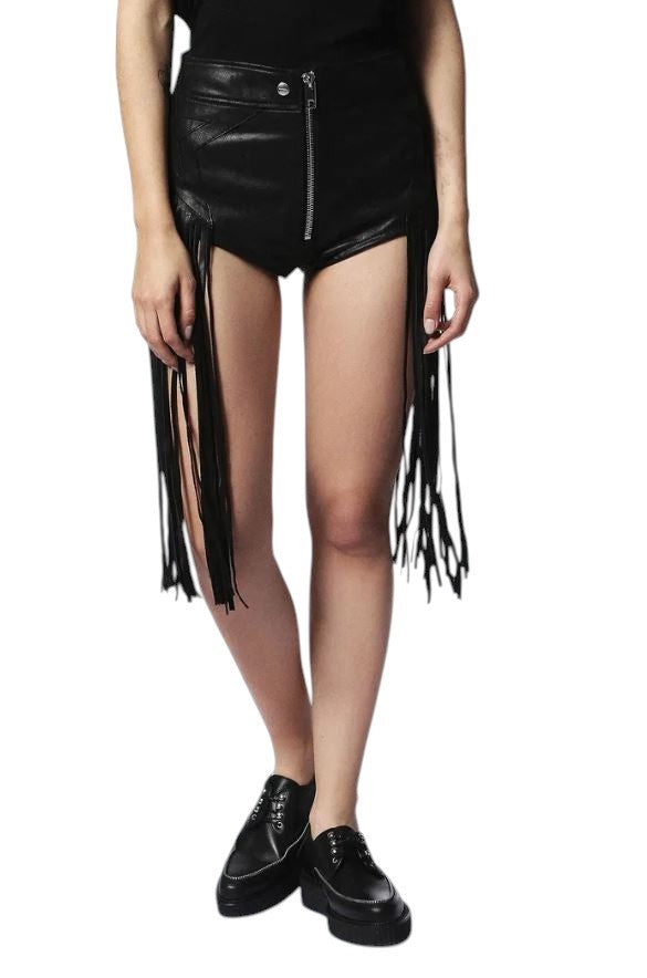 DIESEL L-Leonis 0GANN Women Shorts W24 Black Cowhide Leather Fringe RRP€500