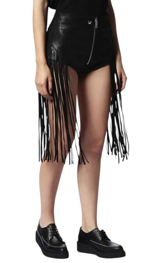 DIESEL L-Leonis 0GANN Women Shorts W24 Black Cowhide Leather Fringe RRP€500
