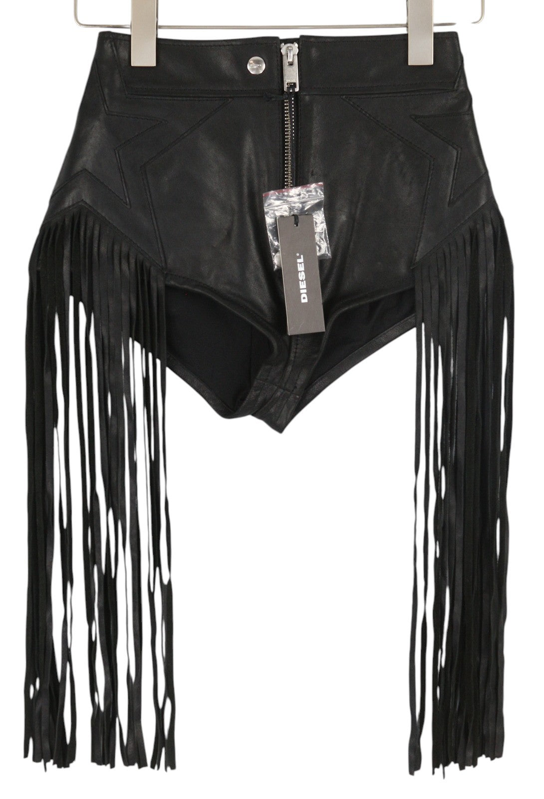 DIESEL L-Leonis 0GANN Women Shorts W24 Black Cowhide Leather Fringe RRP€500