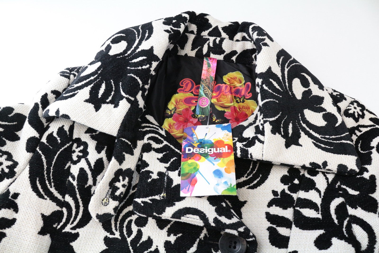 DESIGUAL EU38 Damask Jacquard Women's White Designer Coat Two-Tone