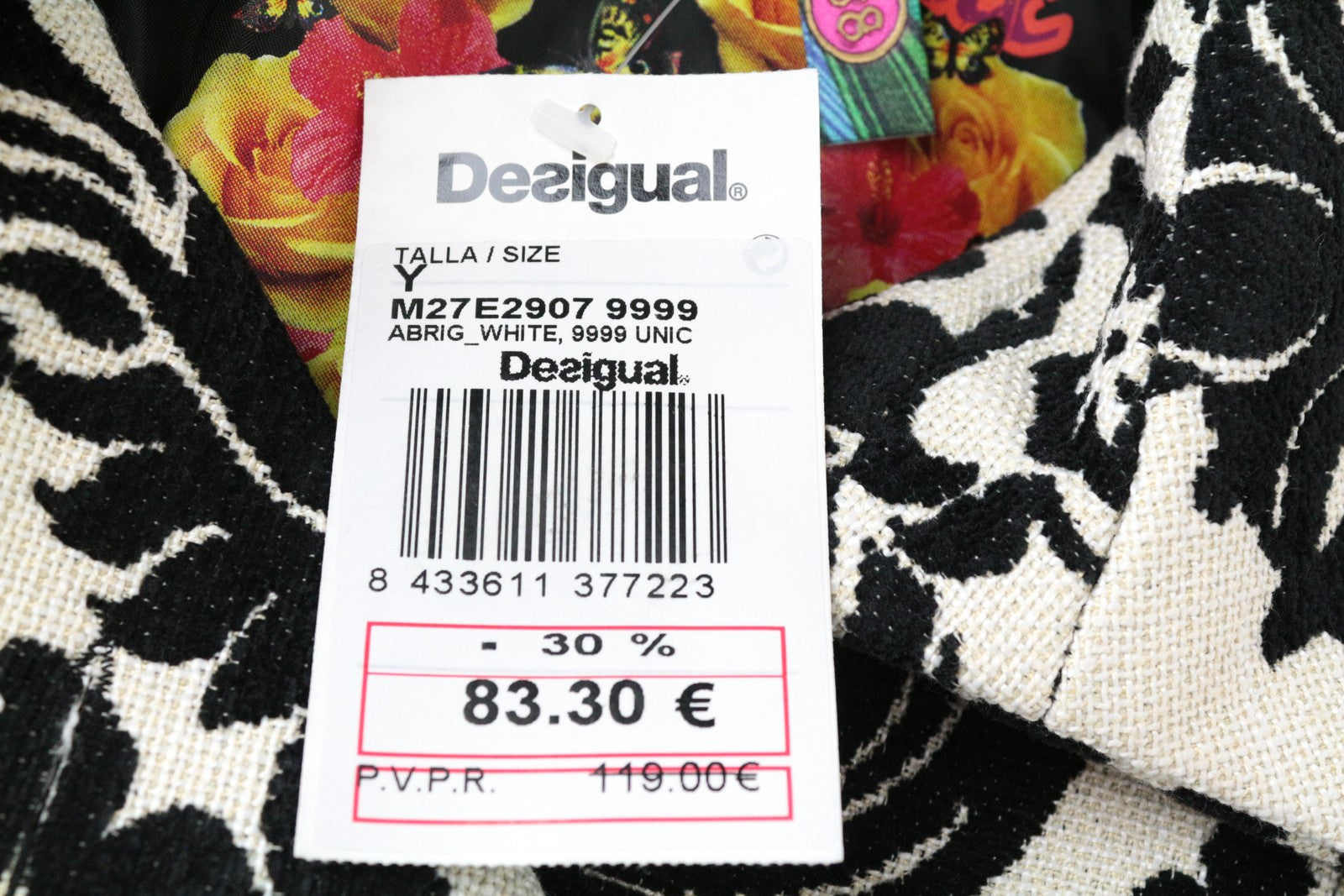DESIGUAL EU38 Damask Jacquard Women's White Designer Coat Two-Tone