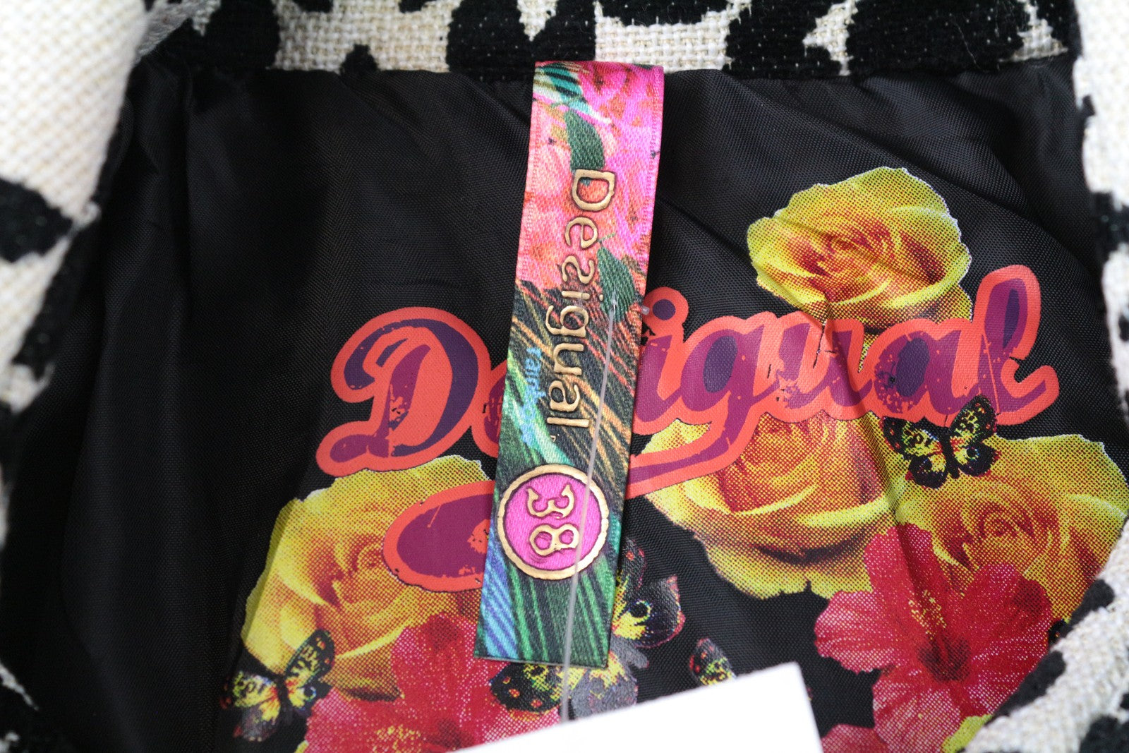 DESIGUAL EU38 Damask Jacquard Women's White Designer Coat Two-Tone