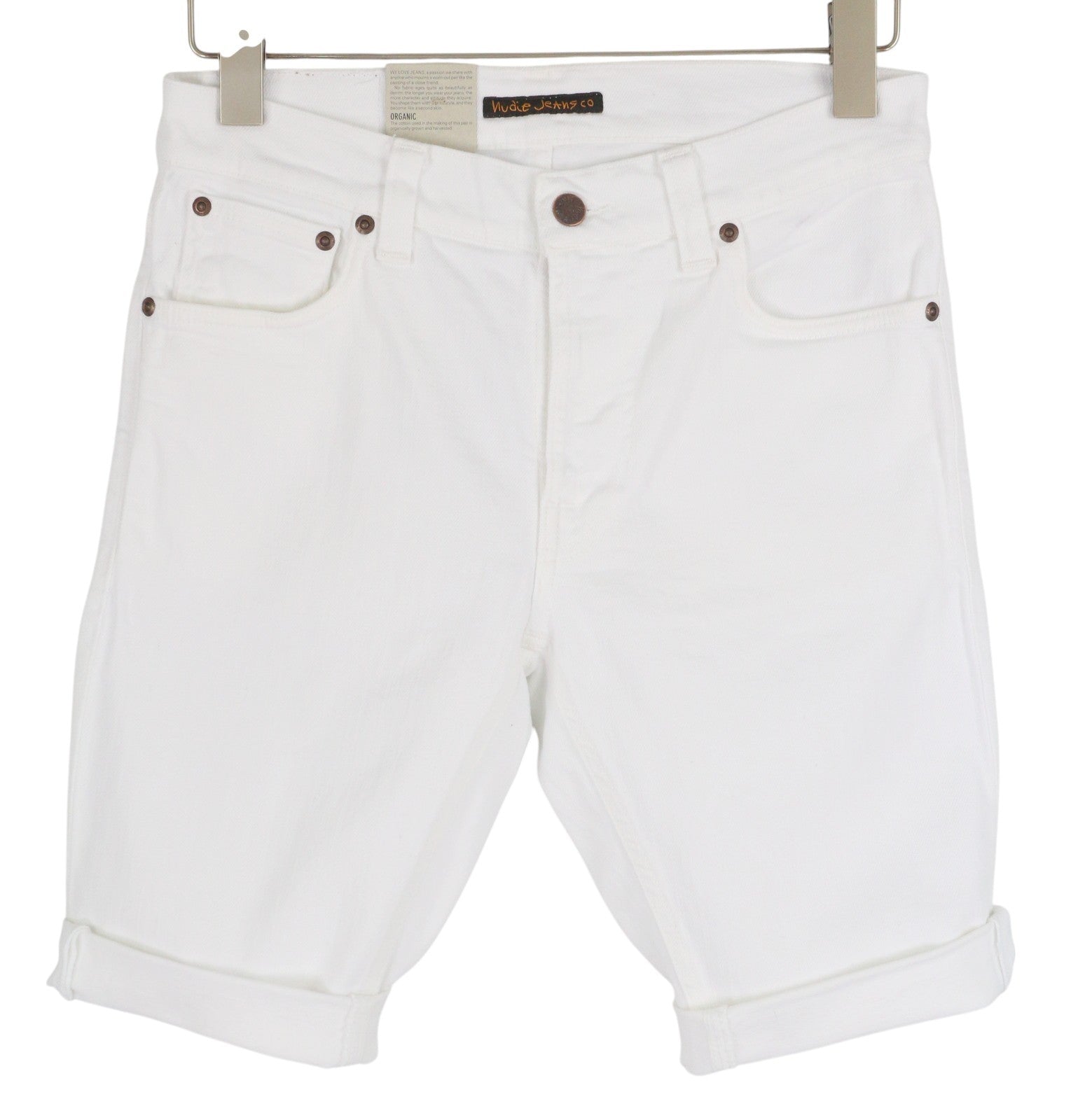 NUDIE JEANS Lean Dean Men Shorts W28 Denim White Zipper Cotton Turn-Up Pockets