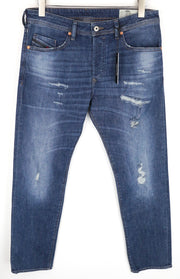 DIESEL Buster RCN01 W32 L30 Men's Ripped Cotton Blue Slim Tapered Fit Jeans