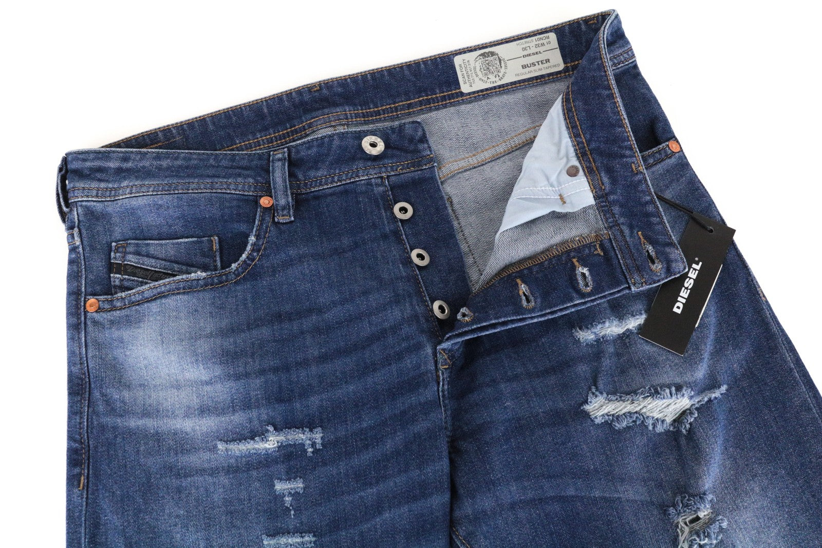 DIESEL Buster RCN01 W32 L30 Men's Ripped Cotton Blue Slim Tapered Fit Jeans