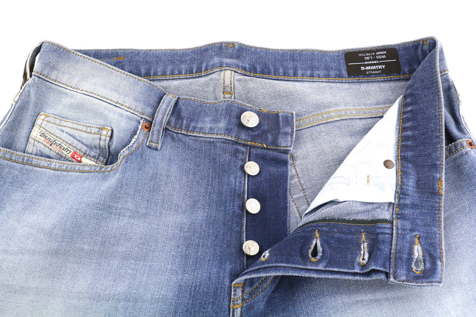 DIESEL D-Mihtry 009NF Men Jeans W33/L30 Straight Stretch Buttoned Washed Denim