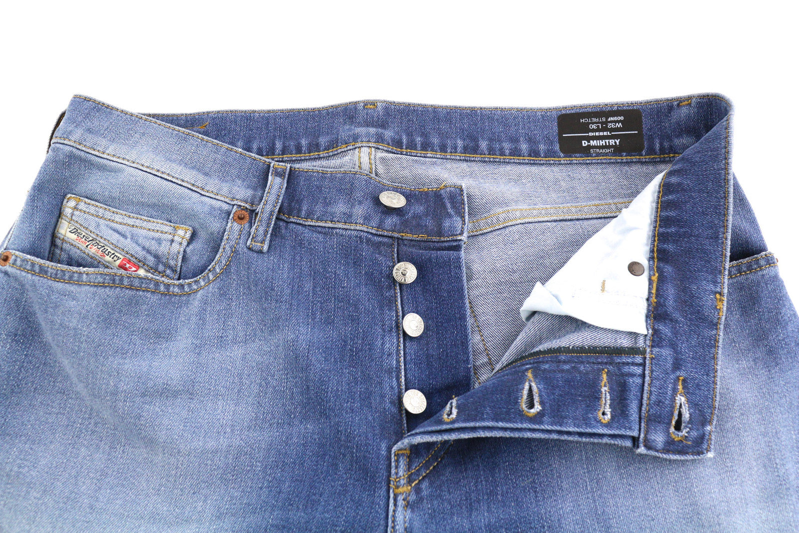DIESEL D-Mihtry 009NF Men Jeans W32/L30 Straight Stretch Buttoned Washed Denim